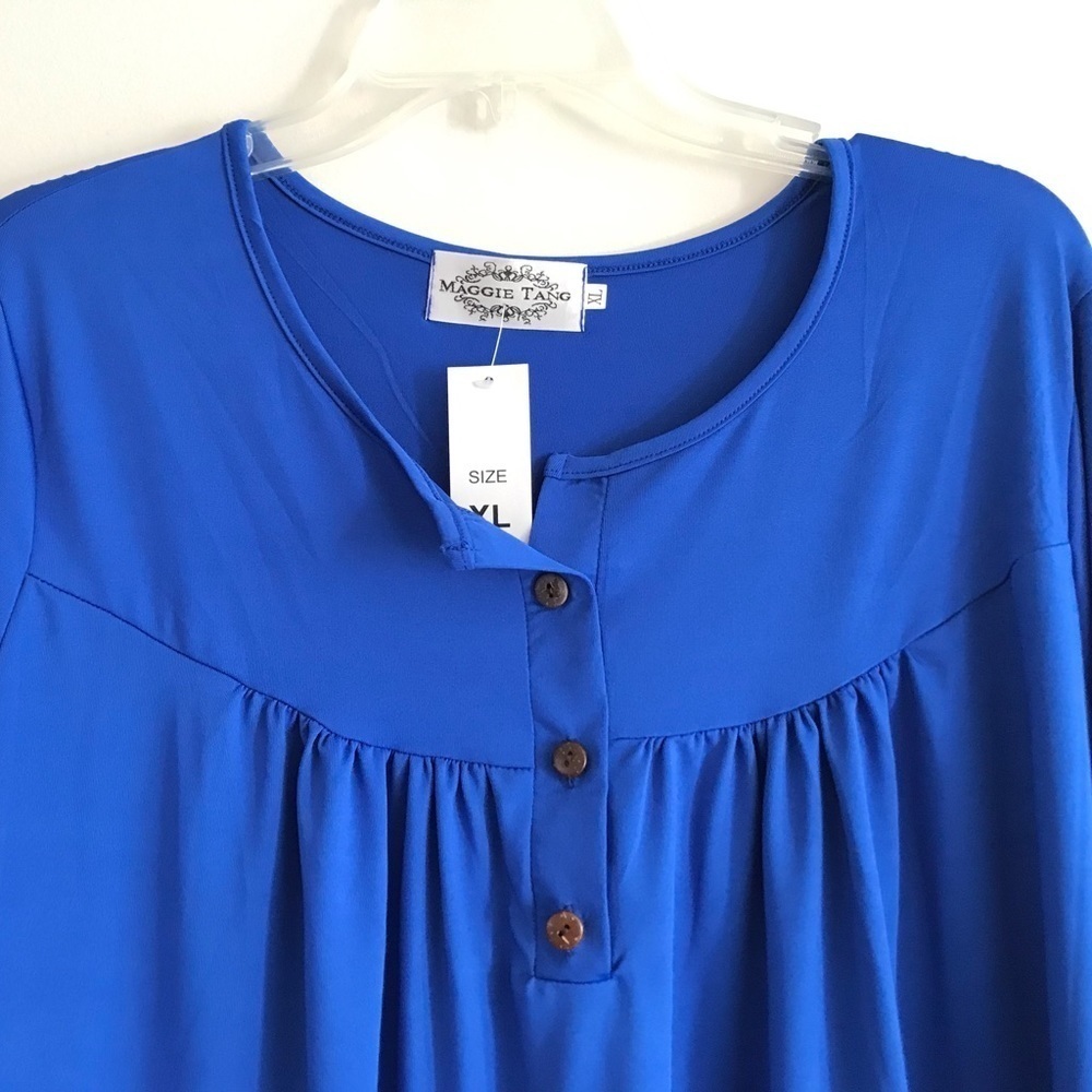 Maggie Tang | Popover Top Womens XL Blue Pong Sleeves Stretch Scoop Neck - Picture 3 of 9